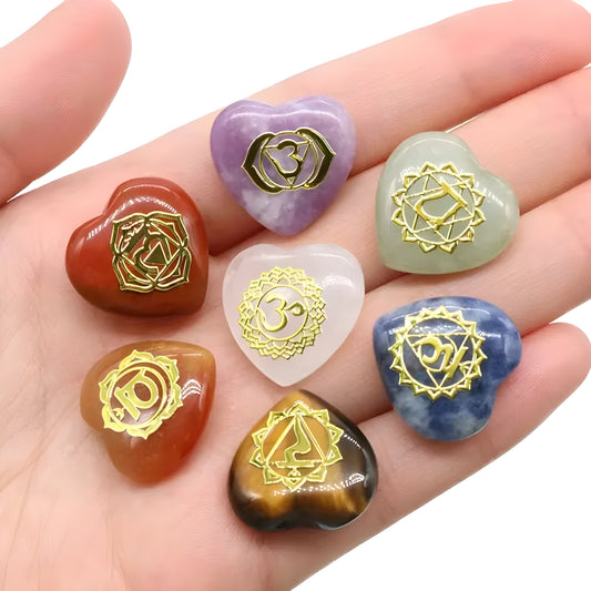 Set de 7 Piedras de Cuarzo Natural del Chakra del Corazón con Símbolos Grabados para Yoga, Joyería, Reiki y Meditación