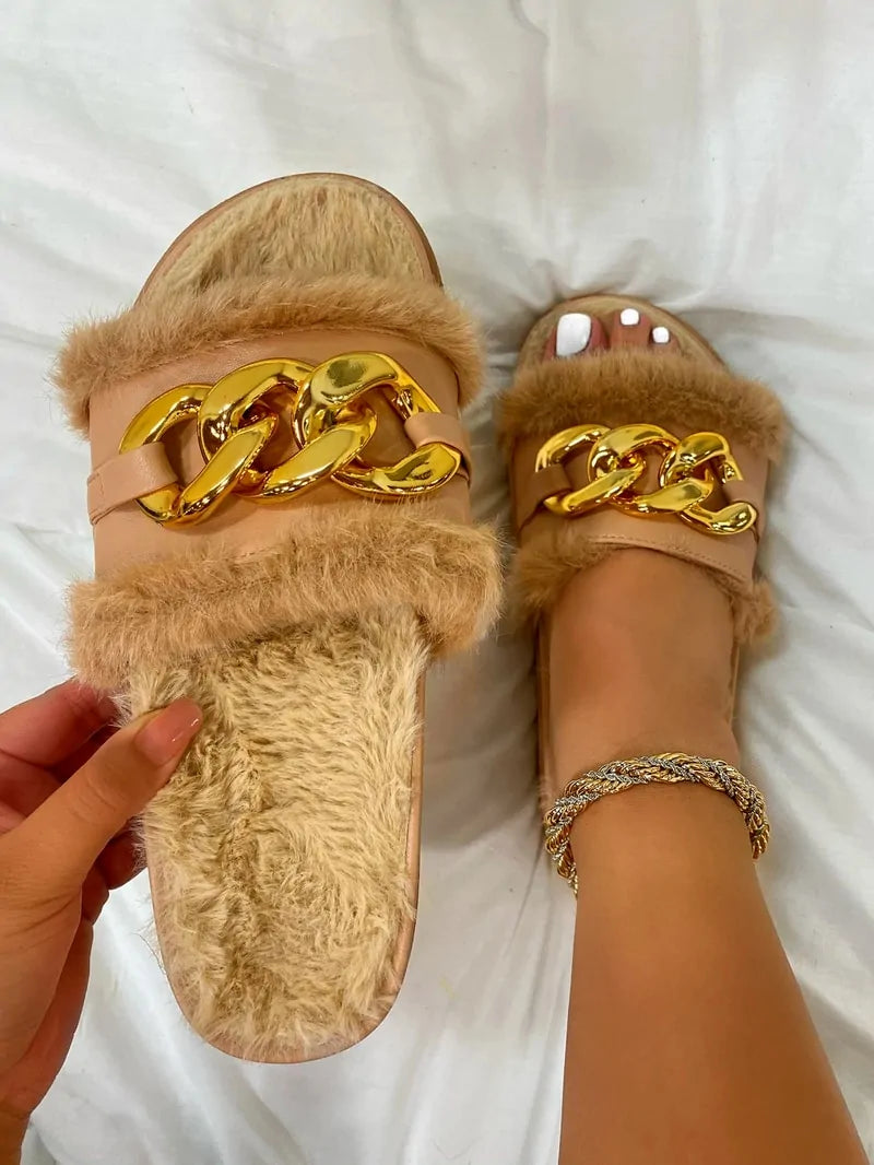 Sandalias para VERANO elegante diseño de cadena y puntera abierta, con un toque en felpa