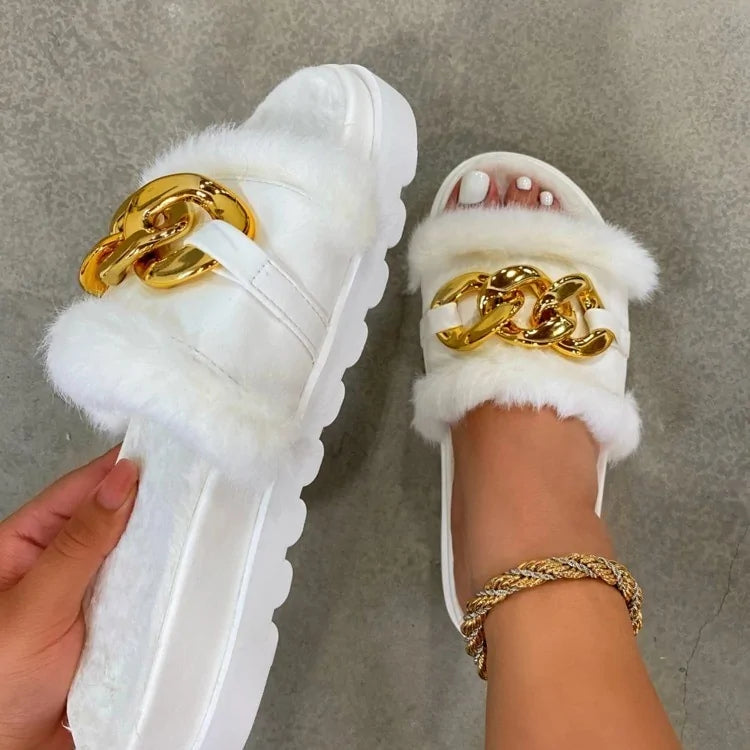 Sandalias para VERANO elegante diseño de cadena y puntera abierta, con un toque en felpa