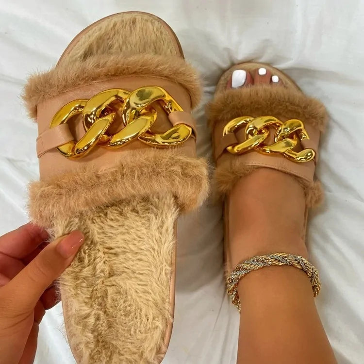 Sandalias para VERANO elegante diseño de cadena y puntera abierta, con un toque en felpa